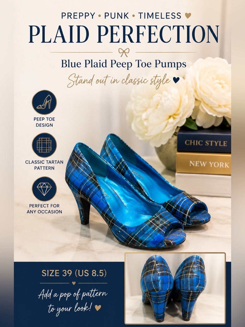 Blue Plaid Tartan Peep Toe Pumps High Heels Size 39 (US 8.5) Preppy Punk